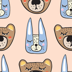 Cute hand-drawn bear and hare heads seamless pattern, funny forest animals background