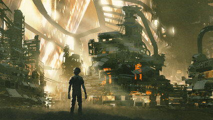 Young man looks at the dieselpunk village full of machines, digital art style, illustration painting © grandfailure