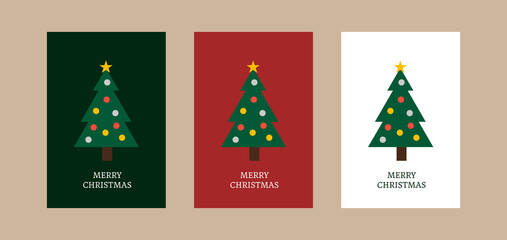 Naklejka na ściany i meble Merry christmas greeting cards with christmas tree. Modern and simple Xmas winter holiday card template.