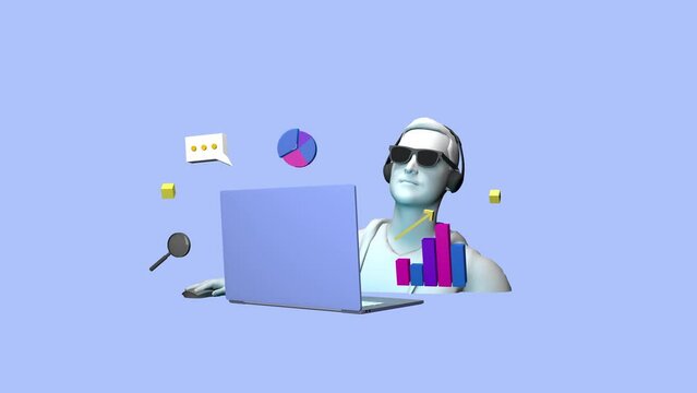 Illustration of a sculpture young guy who uses a laptop with a stock trading chart. Business concept. 3d looped animation. 4K video
