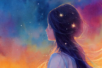 Star girl illustration. Stars universe night. Desires concept.