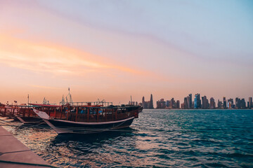 Fototapeta premium Sky view of Doha center during sunset