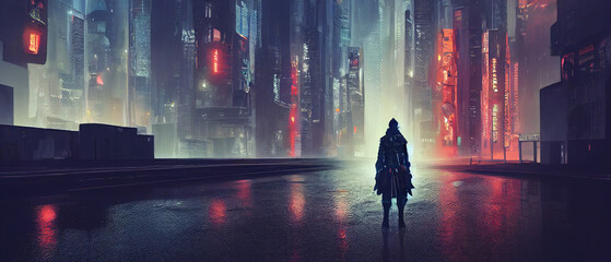 Silhouette of a man on the background of the cyberpunk city of the future. Oriental style city lights. Concept illustration.