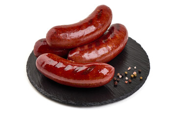 Grilled pork sausages, isolated on white background.