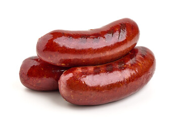 Grilled pork sausages, isolated on white background.