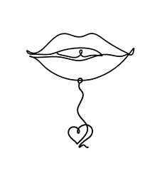 Woman lips with heart as line drawing picture on white