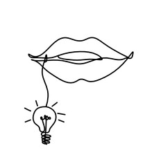 Woman lips with light bulb as line drawing picture on white