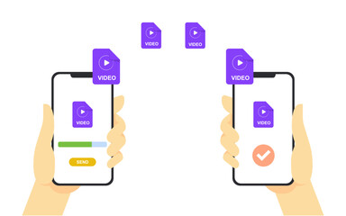 Sending a video file from one phone to another via the internet. save the file to your phone. vector illustration.