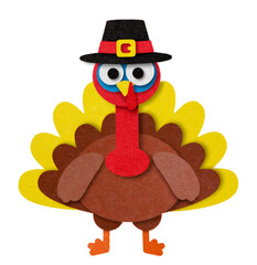 Turkey bird in a hat cut out of colored paper on a white background. Isolated