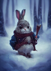 cute fluffy bunny medieval traveler in warm retro clothes on the background of a winter forest