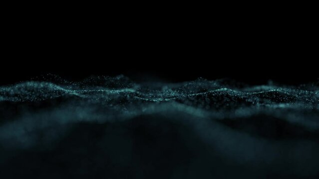 Slow motion glitter dotted looping waves on clean dark black animation background.