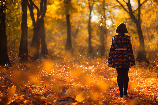 woman in leaves in the autumn park, colorful warm background, falling leaves, autumn mood, 3d render, 3d illustration