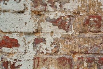 Red brick wall texture bright plaster stucco cement wall loft background. Gray grunge concrete urban old peeling rusty stone blocks concept. Industrial modern style design. Close up