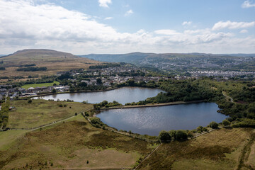 Fototapeta na wymiar Aerial view of lakes and ponds in Gwent, South Wales, United Kingdom