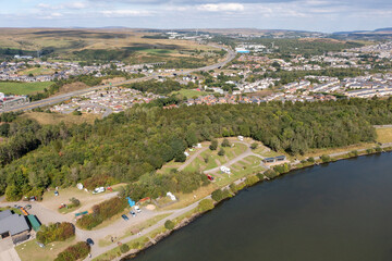 Aerial view of lakes and ponds in Gwent, South Wales, United Kingdom