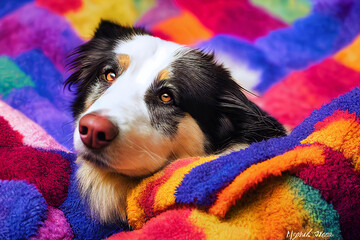 adorable border collie dog lying on the colorful blanket couch, 3d render, 3d illustration
