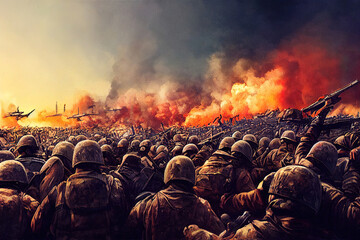 Fototapeta na wymiar Soldiers on a battlefield. Military war with burning flames and explosion. Troops charging. Digital painting. Burning tanks with black smoke. Desolated war zone. Uniform army world war illustration 