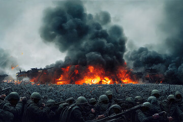 Soldiers on a battlefield. Military war with burning flames and explosion. Troops charging. Digital painting. Burning tanks with black smoke. Desolated war zone. Uniform army world war illustration  - obrazy, fototapety, plakaty