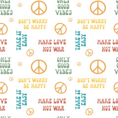 Seamless pattern with quotes in retro hippie style of 70s. Cute graphic print for t-shirt, posters, card design.