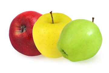 Red, green and yellow apples on an isolated white background.