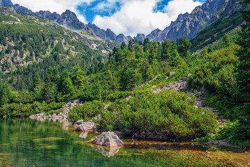 Fototapeta premium Beautiful summer landscape of High Tatras, Slovakia - Poprad lake, lush forest, rocks in pure water, mountains and white clouds on the sky
