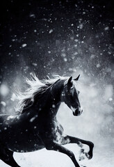 Beautiful Black horse galloping in a snowy landscape. BW Animal portrait.