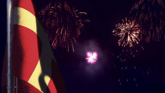 hanging Denmark flag on firework sky bokeh background