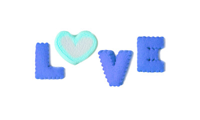 The word LOVE spelled with blue alphabet cookies and cyan marshmallow candy  on transparent background, png file