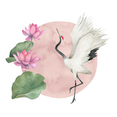 Watercolor crane with flower lotus. Japanese design. Hand drawn illustration
