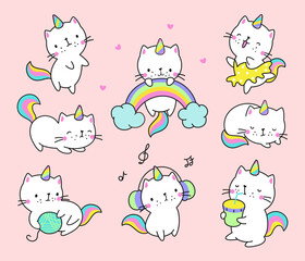Cat unicorn. Kawaii cats, fun unicorns kitty characters. Pastel cute animals with rainbow and drinks, dreaming caticorn pet baby nowaday vector stickers © MicroOne