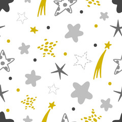 Simple doodle stars seamless pattern. Cosmic freehand star, doodles night element background. Baby scandinavian minimalist neoteric vector textile print