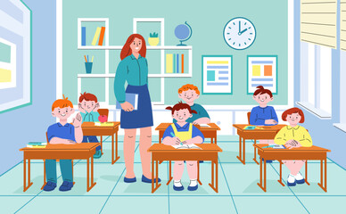Pupils and teacher. Group lecturing, flat child in classroom. Happy student at school or college on lecture. Cartoon educational kicky vector illustration