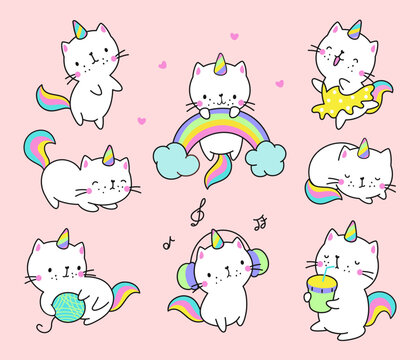 Cat unicorn. Kawaii cats, fun unicorns kitty characters. Pastel cute animals with rainbow and drinks, dreaming caticorn pet baby nowaday vector stickers
