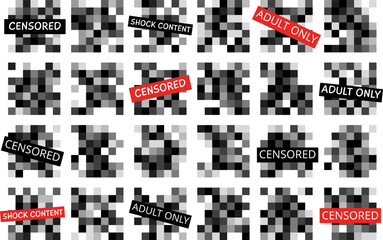 Censored pixel blur squares for tv or social media. Pixelated blurring effects for image video censor. Black mosaic graphic badges, decent censorship vector element