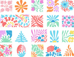 Decorative doodle floral modern elements. Abstract contemporary botanical tiles, matisse inspired stylish design. Trendy flower, leaf decent vector patterns