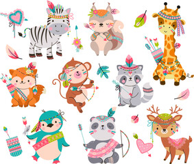 Cartoon tribal animals. Wild cute animal with arrows. Boho style fox, raccoon and penguin. Woodland baby characters, adorable childish nowaday vector clipart