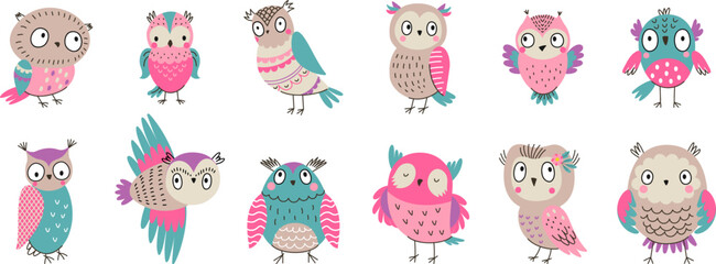 Cartoon owl characters. Cute owls set, spring forest birds. Happy wild animal and owlet. Boho style bird with wings with pattern, nowaday bright vector set