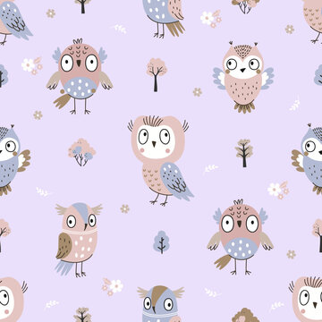 Cute owls seamless pattern. Owl background, cartoon print with forest birds. Nursery baby fabric texture, boho style woodland nowaday vector character
