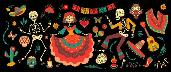 Day of dead mexico festival elements. Mexican sugar skulls and dancing skeletons in traditional dresses and flowers. Nowaday dia de los muertos vector set