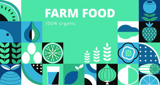 Organic food geometric market banner. Seasonal farm foods and drinks minimalistic bauhaus modern style. Colorful decent vector flyer template