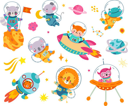 Space animals set in cosmonaut suit. Astronauts flying in rocket and in open universe. Planets, stars comet and constellation. Nowaday cute kids vector animal characters