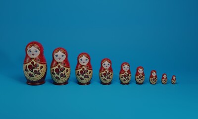 3d illustration, set of matryshka, traditional Russian dolls, beautifully colored, blue background, 3d rendring