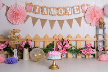 decorated pink first birthday for girl