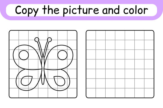 Copy the picture and color butterfly. Complete the picture. Finish the image. Coloring book. Educational drawing exercise game for children