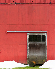 Weathered door on a red barn at the end of winter/beginning of spring