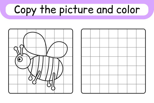 Copy the picture and color bee. Complete the picture. Finish the image. Coloring book. Educational drawing exercise game for children
