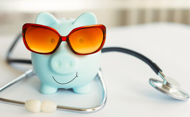 Piggy bank with stethoscope. tax offset concept. Medical Expense Deductions and Tax Breaks