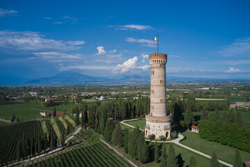 Tower of San Martino della Battaglia aerial view. Italian vineyards aerial view. Aerial panorama...