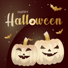 Gold pumpkin Halloween banner. Bats, web an moon on background. Vector illustration