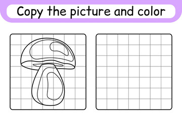 Copy the picture and color mushroom boletus. Complete the picture. Finish the image. Coloring book. Educational drawing exercise game for children